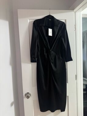 Theory Black Satin Knot-Front Midi Dress